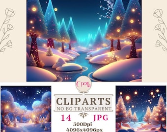 Christmas Night Forest Digital Art | Snowy Woodland Under Starry Sky | Colorful Light Beams | Winter Wonderland Clipart | Print on Demand