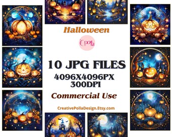 Watercolor Halloween Landscape Clipart,10 High Quality JPGs,Halloween Scene Background,Instant Download,Spooky Pumpkins,Moon Clipart,Digital