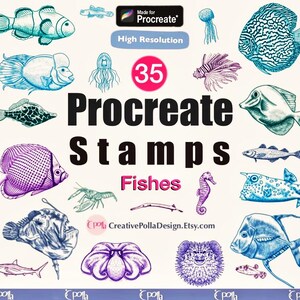 Może przedstawiać: 35 Stempli Procreate Ryby: Zbiór 35 ręcznie rysowanych ilustracji ryb, idealnych do projektów sztuki cyfrowej i projektowania. Ilustracje przedstawiają różne gatunki ryb, w tym rozdymka, konika morskiego i rybę clown.