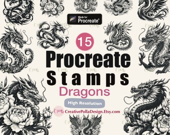 Dragon Tattoo PROCREATE Set, Procreate Stamp Brushes, Procreate tools, Procreate Brush Set, Dragon Tattoo Stamp, Floral Dragon Stamp Brushes