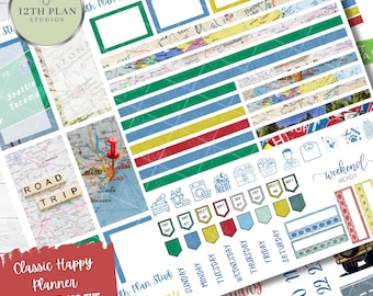 Summer Stickers, Travel Sticker, Planner Printable, Classic Happy Planner, Weekly Sticker Kit, Road Trip, Vertical Layout, Vacation Stickers