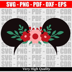 Op de afbeelding: Zwarte silhouet van Mickey Mouse oren met een bloemenontwerp. De bloemen zijn rood, roze en groen.