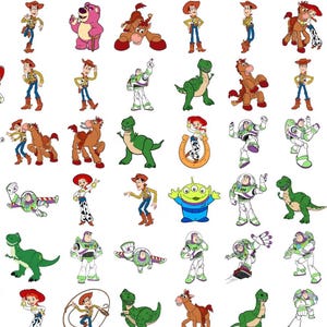 May include: A collection of colorful cartoon character illustrations from the Toy Story franchise. The images include Woody, Buzz Lightyear, Jessie, Rex, Bullseye, Lotso, and the Little Green Men, all in various poses and expressions.