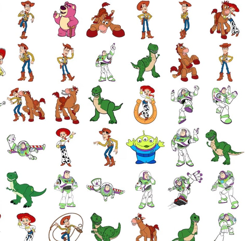May include: A collection of colorful cartoon character illustrations from the Toy Story franchise. The images include Woody, Buzz Lightyear, Jessie, Rex, Bullseye, Lotso, and the Little Green Men, all in various poses and expressions.