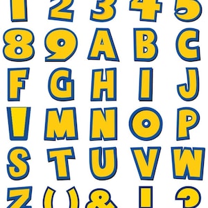 May include: A collection of yellow numbers, letters, and symbols with blue outlines. The numbers 1 through 5 are displayed at the top, followed by the numbers 8 and 9, and the letters A through C. The letters F through J are in the next row, and so on.