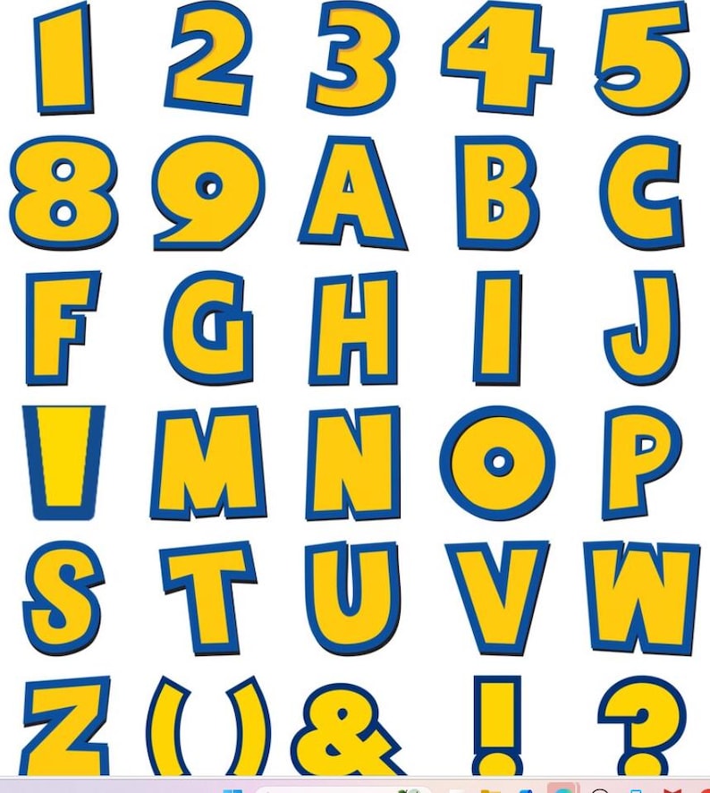May include: A collection of yellow numbers, letters, and symbols with blue outlines. The numbers 1 through 5 are displayed at the top, followed by the numbers 8 and 9, and the letters A through C. The letters F through J are in the next row, and so on.