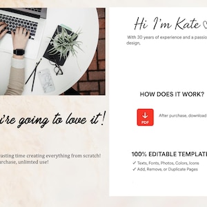 May include: A laptop with hands typing on the keyboard sits on a white table, next to a black notebook, a small plant, and a smartphone. Text reads "You're going to love it!" and "Hi I'm Kate". The image promotes editable templates.
