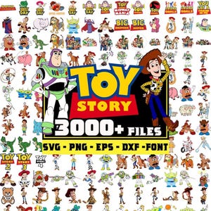 May include: A collection of digital files featuring characters from the animated film "Toy Story." The image includes illustrations of Woody, Buzz Lightyear, and other characters, along with the text "Toy Story 3000+ Files" and file type formats.