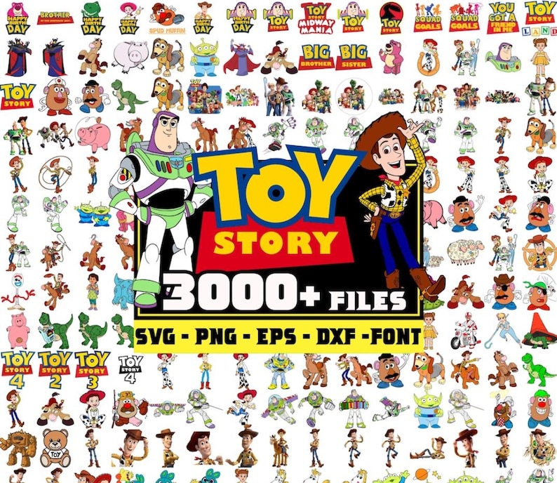 May include: A collection of digital files featuring characters from the animated film "Toy Story." The image includes illustrations of Woody, Buzz Lightyear, and other characters, along with the text "Toy Story 3000+ Files" and file type formats.