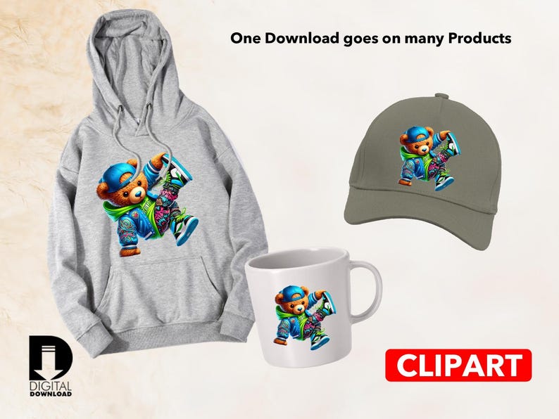May include: A gray hoodie, a green baseball cap, and a white mug, each featuring a colorful cartoon bear in a blue cap and jacket. The bear is holding a skateboard. The image includes the text "One Download goes on many Products" and "DIGITAL DOWNLOAD".