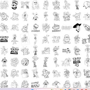 May include: Black and white line art illustrations of characters from the Toy Story movie franchise. The images include Woody, Buzz Lightyear, Mr. Potato Head, and others. Some images have text that reads "TOY STORY", "I'M A NERVOUS", and "SPUD MUFFIN".