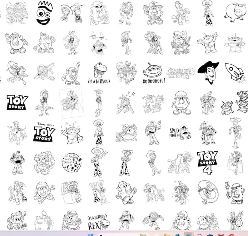 May include: Black and white line art illustrations of characters from the Toy Story movie franchise. The images include Woody, Buzz Lightyear, Mr. Potato Head, and others. Some images have text that reads "TOY STORY", "I'M A NERVOUS", and "SPUD MUFFIN".