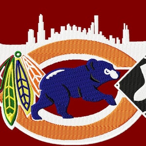 Chicago Sports 3 SIZES Machine Embroidery Design, Embroidery Pattern, Embroidery File, Bears, Bulls, Cubs, Blackhawks, White Sox, Skyline