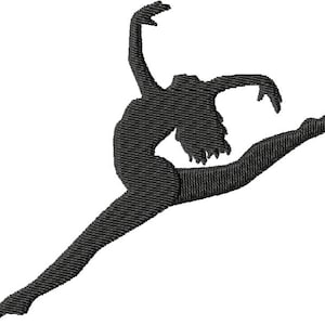 May include: Silhouette of a dancer in mid-air, with one leg extended and the other bent, arms raised above the head.