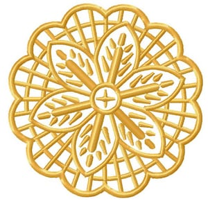 May include: A gold-colored, intricate, circular design with a flower-like pattern in the center. The design is made up of a series of overlapping circles and lines.