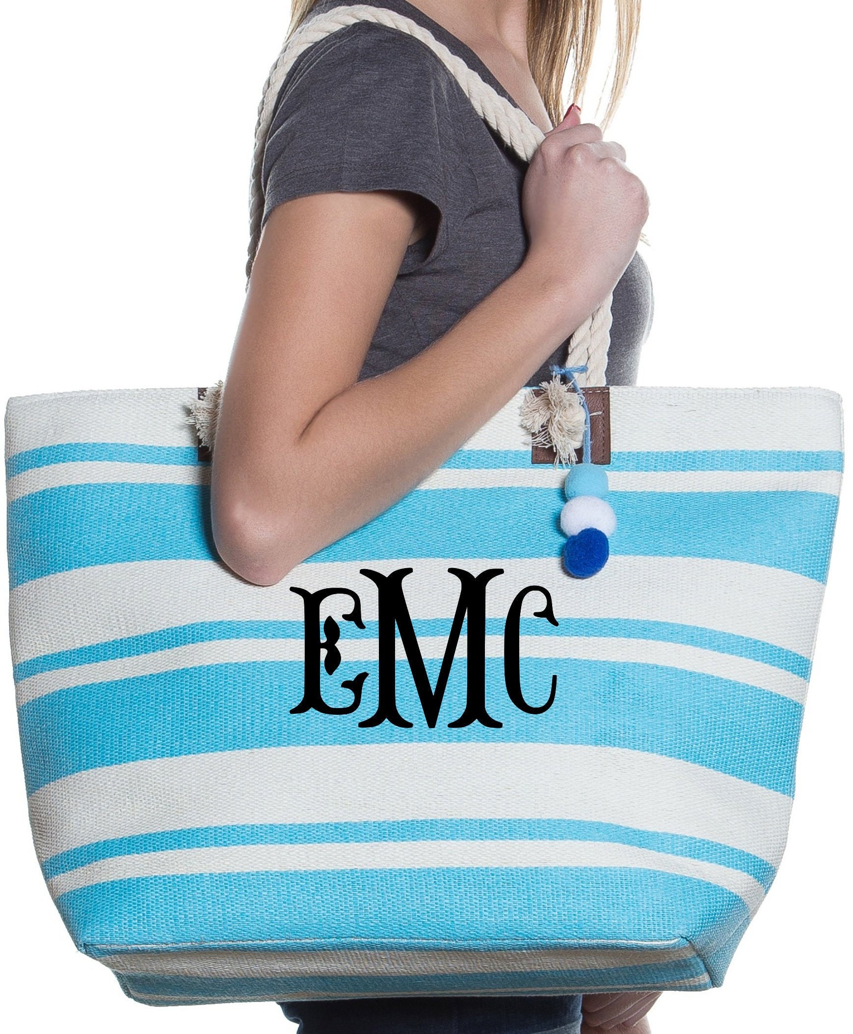 Striped Monogrammed Beach Bag Personalized Beach Bag Tote Etsy