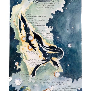 May include: A watercolour painting of a dark blue sea with a large, dark, organic shape in the centre. The shape is surrounded by white dots and a few small, white, round shapes. The text "This sea of swimming creatures Sparks only with touch- some secret planktonic celebration." is written in black ink on the left side of the image. The text "When I dive, their stars spin off my fingers." is written in black ink on the right side of the image. The text "Milky ways stir from my arms And I learn from travelling among them that if you spin just right you can be as slow come t A dream And you may be numb for an hour after and sticky all night with salt but you will be warm with the knowing of worlds beyond our own right here on Earth." is written in black ink on the right side of the image.