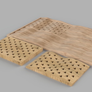 May include: Three wooden plaques with a carved star pattern. The plaques are different sizes and have a wavy surface.