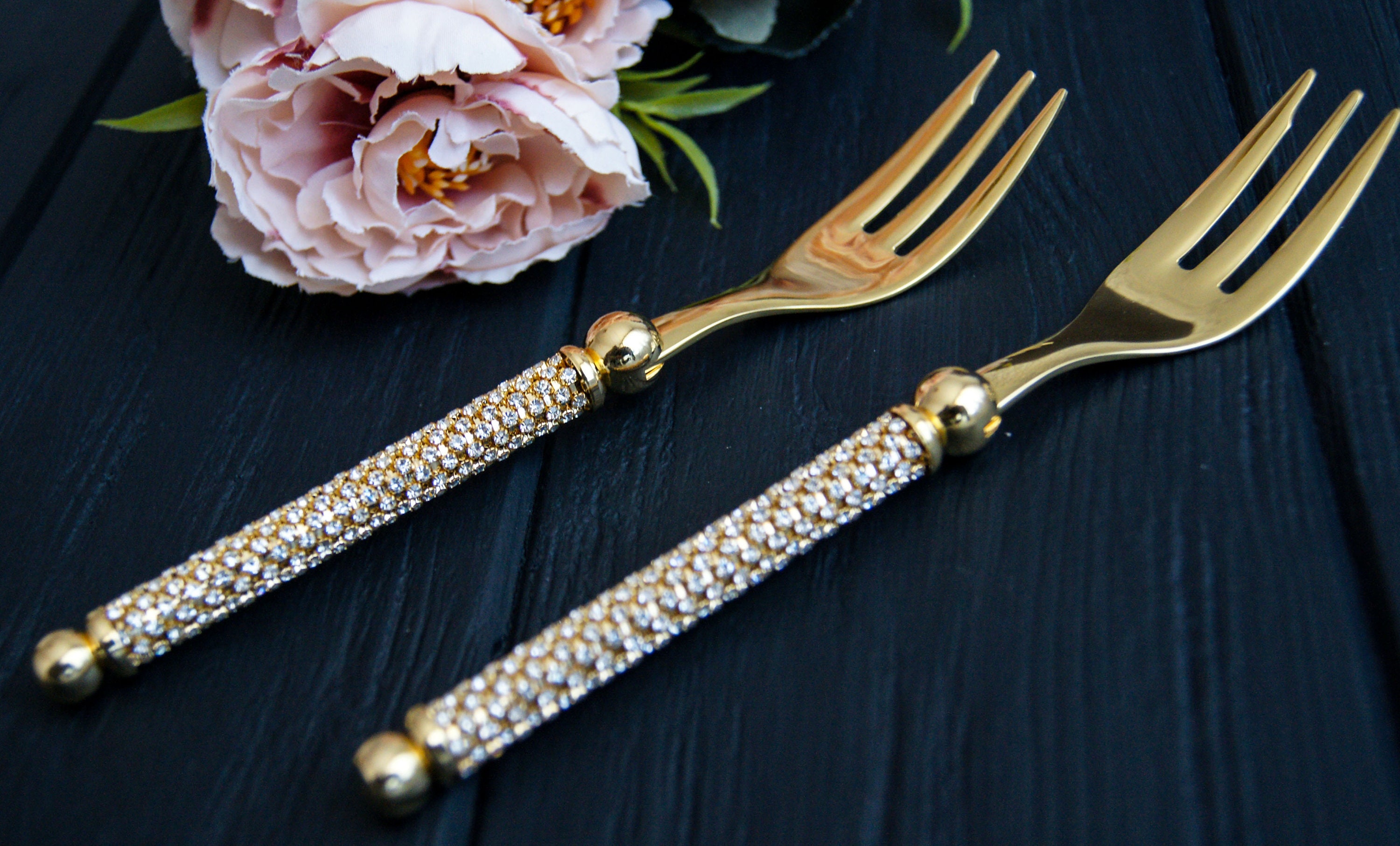 Gold wedding desert forks with swarovski crystal Engraved Mr Etsy