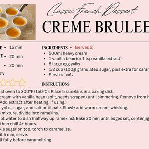 Cartão de receita de creme brulee para os amantes da culinária francesa - modelo de sobremesa francesa para impressão