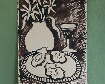 Oysters and Flowers Original Ink Drawing