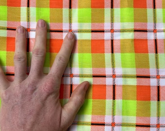 60s Neon Green & Orange Plaid Tartan Sewing Fabric // Mod Retro Preppy Bright Check Punk Lightweight Woven Cotton Blend Material // 64" Wide