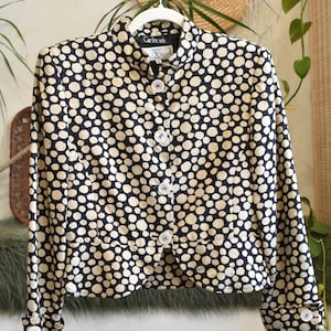 90s Valentino Silk Polka Dot Blazer Cool Collar // Geometric Collar Peplum Blazer Jacket Designer 1990s Black and Brown Minimalist // Medium