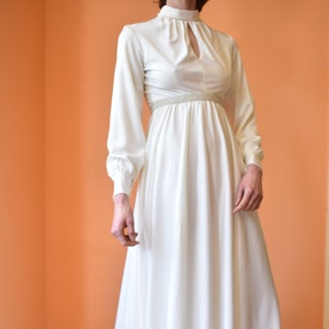 Vintage 1970s Wedding Gown With Long Train, Keyhole Neckline, Balloon Sleeves, Beaded Empire Waist //  EXTRA SMALL