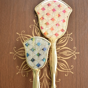 Vintage 60s Metallic Brocade & Gold Tone Vanity Set // Paddle Brush and Handheld Mirror Set of 2 // Midcentury Modern Bedroom Bathroom Decor