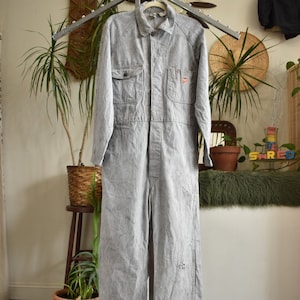 50s Hickory Stripe Denim Boiler Suit Coveralls Workwear Thrashed GWG Red Strap //Mcm 1950s Jean Mechanic Jumpsuit Carpenter Auto Holes //M-L