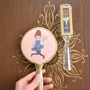 Vintage 60s Brush & Mirror Set // Mod Clear Lucite and Gold Tone // Adorable Cartoon Flapper Vanity Set Hairbrush Handheld Mirror