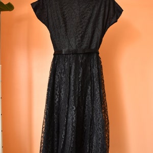 Vintage 1960s Lace Overlay Black Cocktail Dress with Matching Bow Belt // Cap Sleeve Day Dress Goth Pin Up Semi Formal Party Dress // XS S