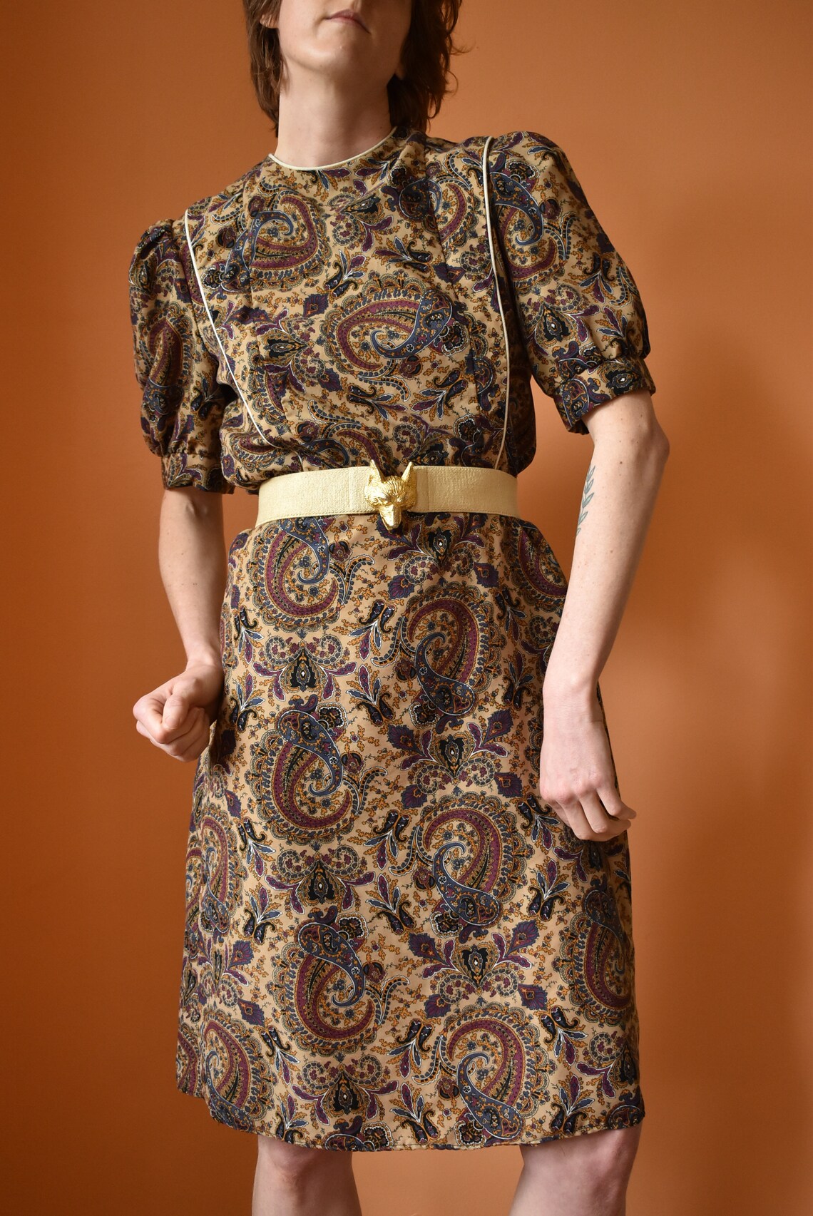 Vintage Silky Puff Sleeve V Cut Dress Paisley Plaid - S