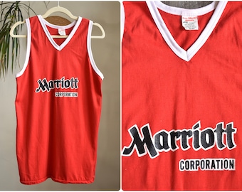 70s 80s Red Athletic V Neck Tank Top Ringer Tee // Company Team Brand Logo Marriott Single Stitch USA Made Sporty // Medium Large