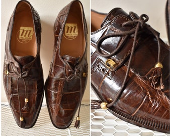 80s Alligator Brown Leather Lace Up Tassel Oxford Dress Shoes Gold Tone Hardware // 1980s Dapper Fancy Handsome // Mens 8 Womens 9.5 10