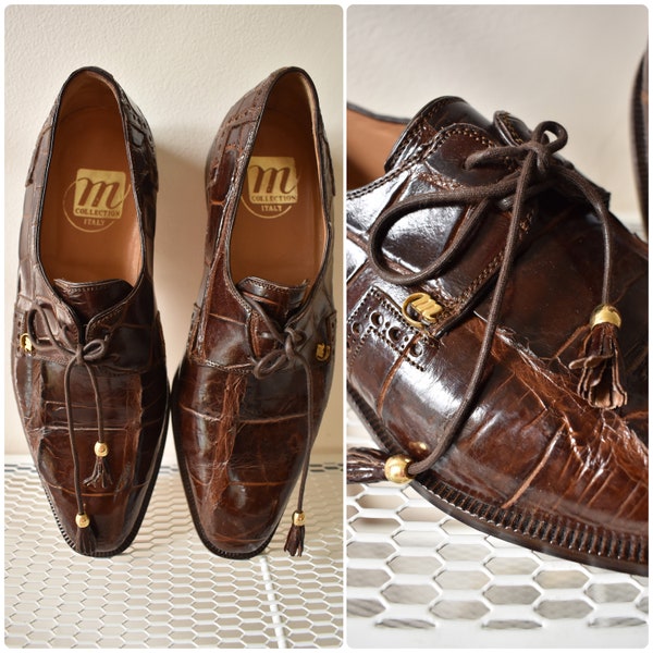 80s Alligator Brown Leather Lace Up Tassel Oxford Dress Shoes Gold Tone Hardware // 1980s Dapper Fancy Handsome // Mens 8 Womens 9.5 10