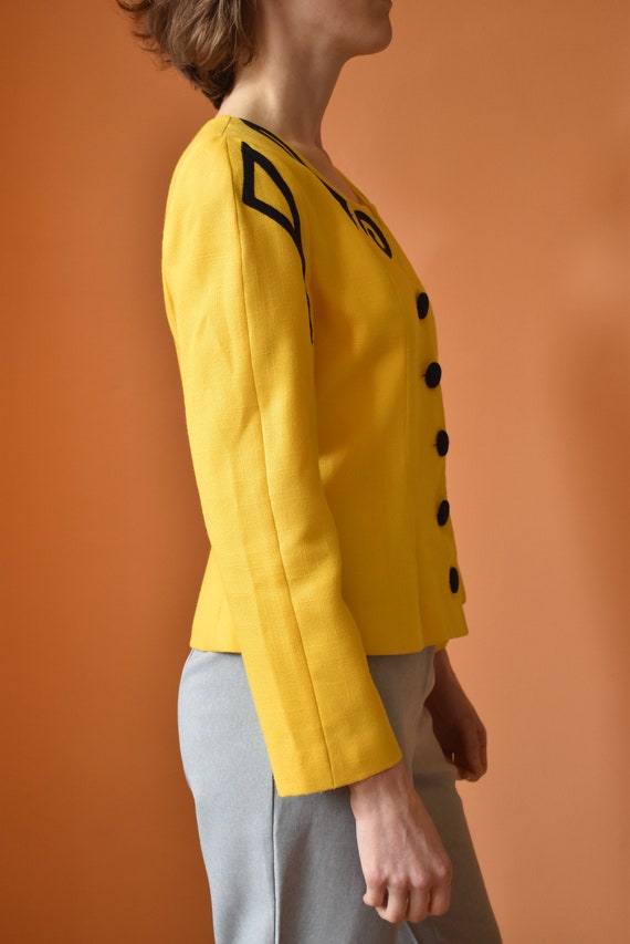 80s Linen Peplum Bright Yellow Blazer High Contra… - image 6