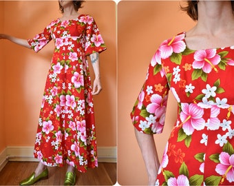 Vintage 1960s Bell Sleeve Hawaiian Tiki Maxi Dress // Empire Waist Hibiscus Print Retro Mod Gown // Small Medium