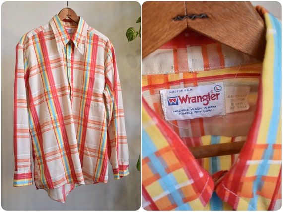 Vintage 60s 70s Wrangler Rainbow Plaid Button Up S