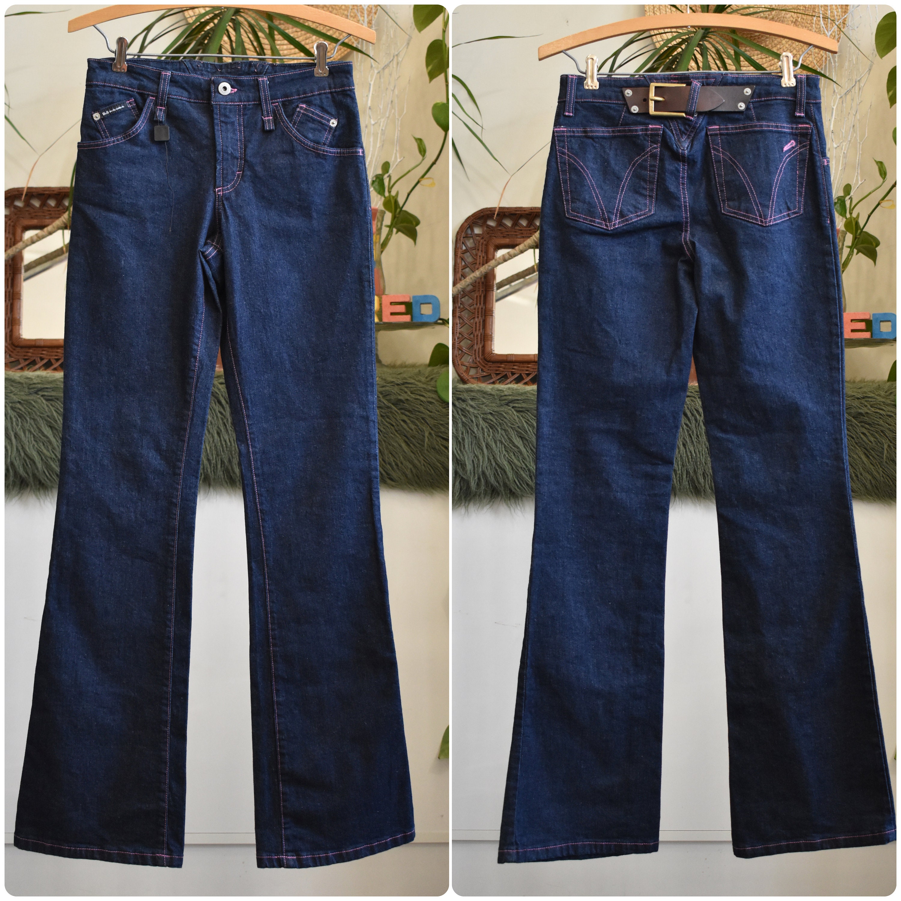 90s Dolce & Gabbana Buckle Back Flare Jeans NWT // Dark Wash