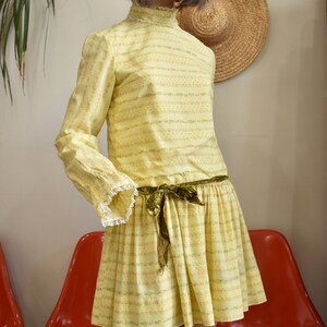 Vintage 1970s Calico Ruffle Cuff Drop Waist Tunic Blouse or Minidress // Yellow Cotton Long Sleeve Top or Short Dress Puff Sleeve // Small