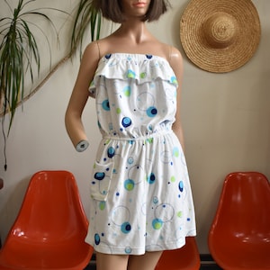 Vintage jaren 80 dode inventaris stretch badstof romper met bubbelprint ruche shorts//tube-top boxpakje strand zwembad zwemkleding//zakken katoen//medium