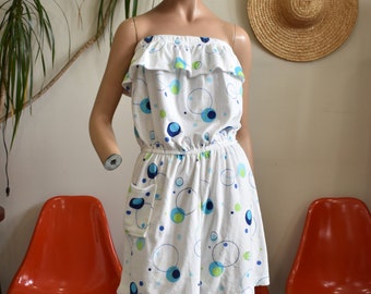 Vintage 80s Deadstock Stretch Terry Bubble Print Ruffle Shorts Romper // Tube Top Playsuit Beach Pool Swim Coverup // Pockets Cotton // Med