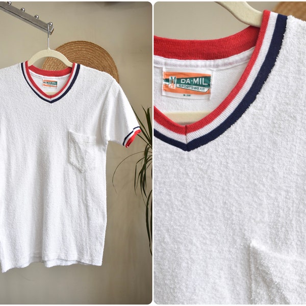 50s NWT Terrycloth Ringer Pocket Tee // Red White and Blue V-Neck Midcentury Deadstock White TShirt Single Stitch // XS S