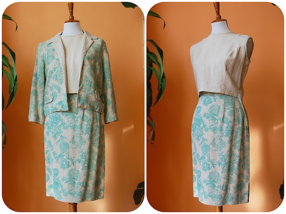 40s Linen 3 Piece Skirt Suit w Aqua Floral Design… - image 1
