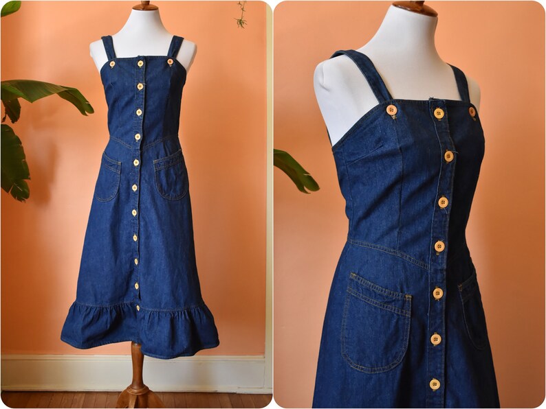 70s Landlubber Denim Jumper Dress w Ruffle Hem Retro Jean Overalls Dress Small 34 Bust