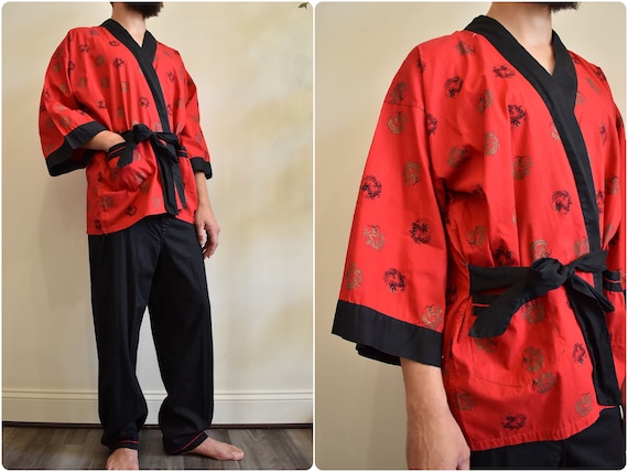 50s 60s Kimono Robe Pants Pajama Set Wide Sleeve Dragon Print Asian Smoking Jacket Loungewear Midcentury Sleepwear Medium Large Etsy UK