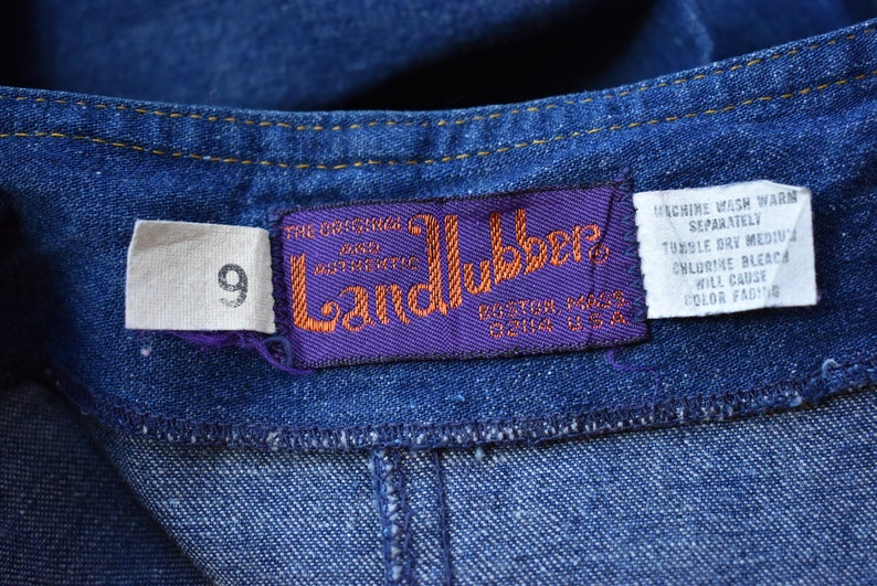 70s Landlubber Denim Jumper Dress w Ruffle Hem Retro Jean Overalls Dress Small 34 Bust