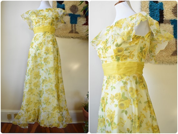 Vintage 70s Chartreuse Floral Ruffle Maxi Gown W Dramatic