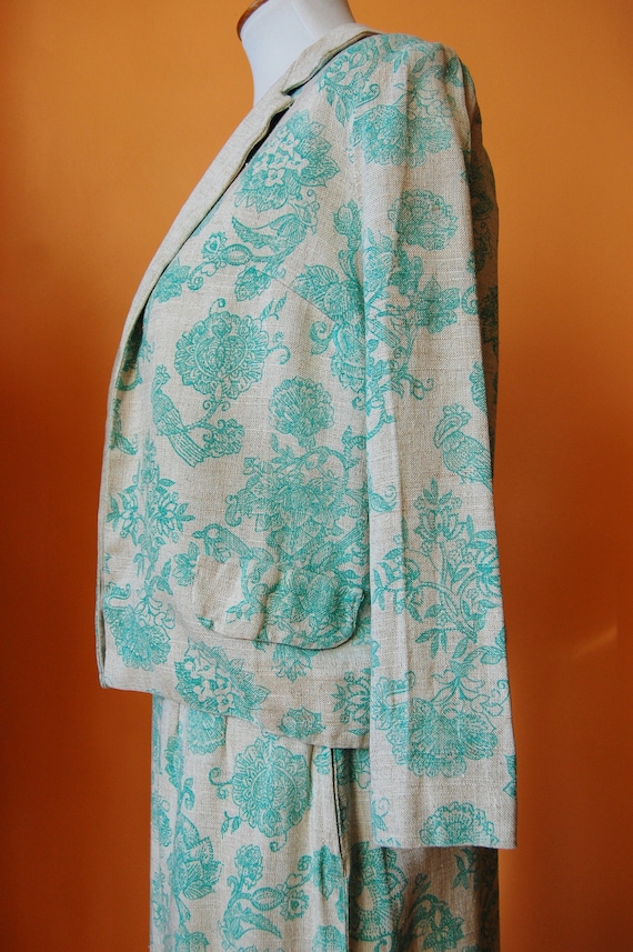 40s Linen 3 Piece Skirt Suit w Aqua Floral Design… - image 3